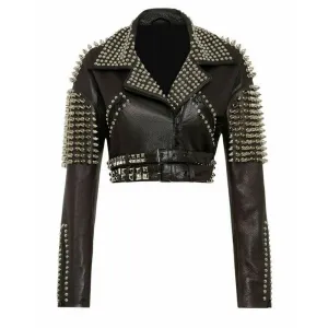 Women Silver Studs Short Body Leather Jacket