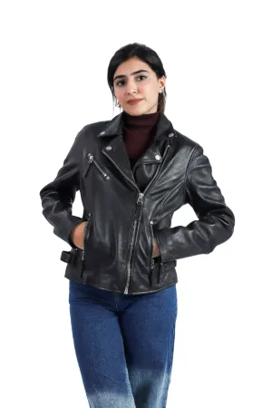 Womens Biker Style Lambskin Black Leather Motorcycle Designer Biker Jacket - ELF21