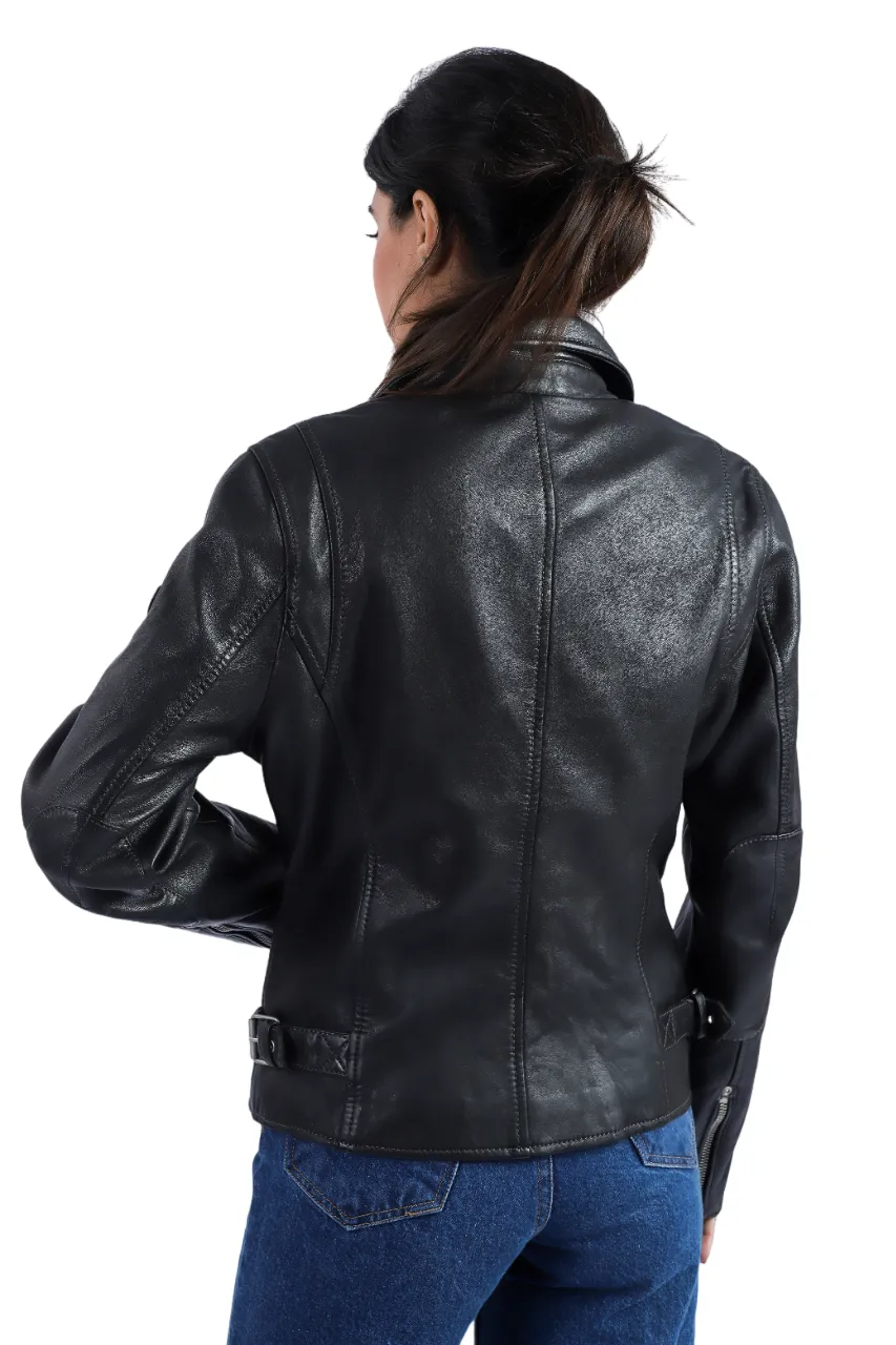 Womens Biker Style Lambskin Black Leather Motorcycle Designer Biker Jacket - ELF21