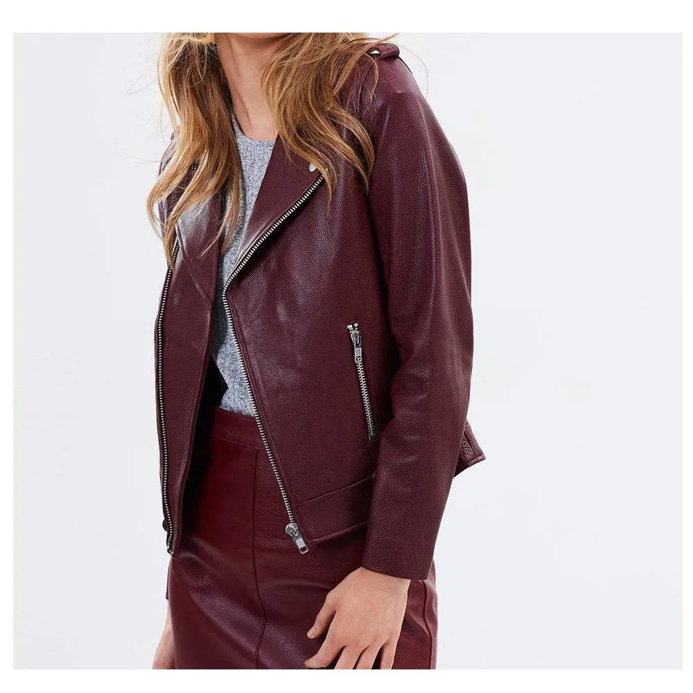 WOMENS BURGUNDY LEATHER BIKER JACKET MOTORCYCLE LAMBSKIN JACKET