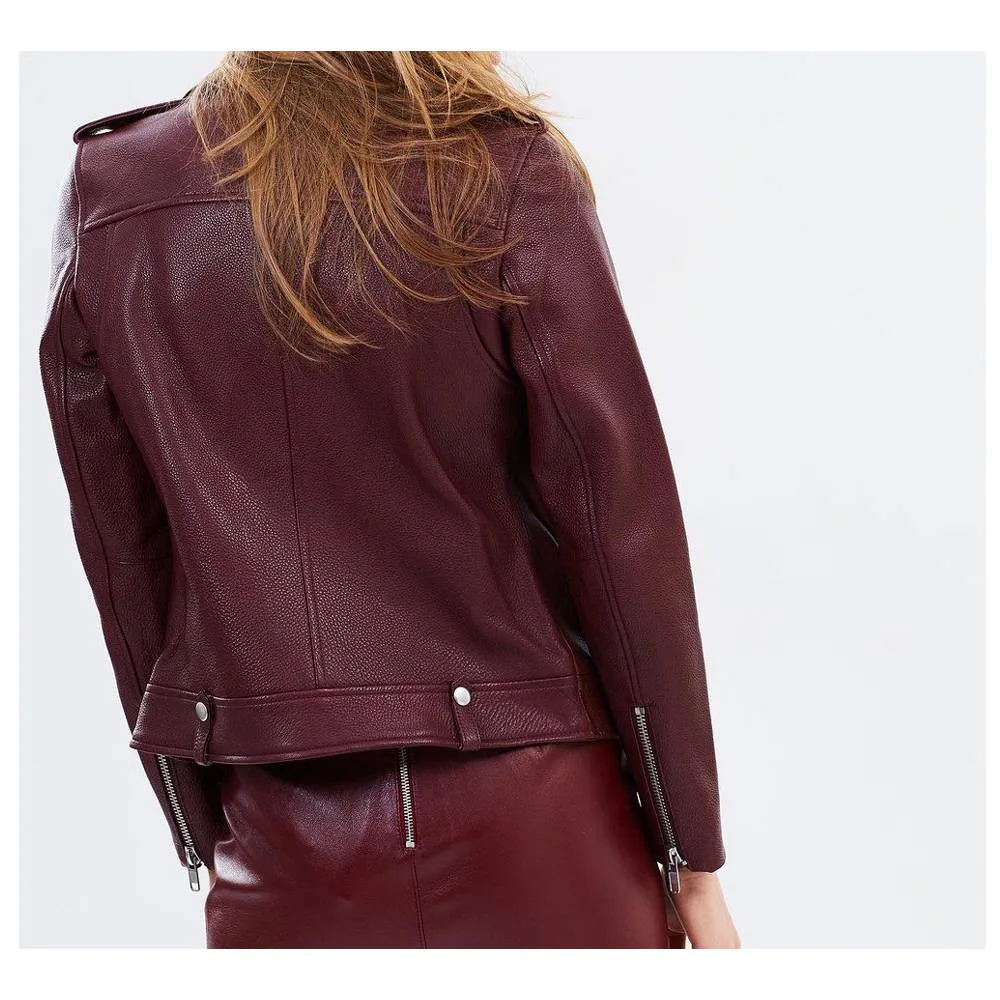 WOMENS BURGUNDY LEATHER BIKER JACKET MOTORCYCLE LAMBSKIN JACKET