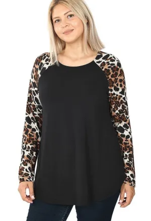 Womens Cheetah Top Long Sleeve Shirt Black/Brown Plus Sizes 1xl/2xl/3xl