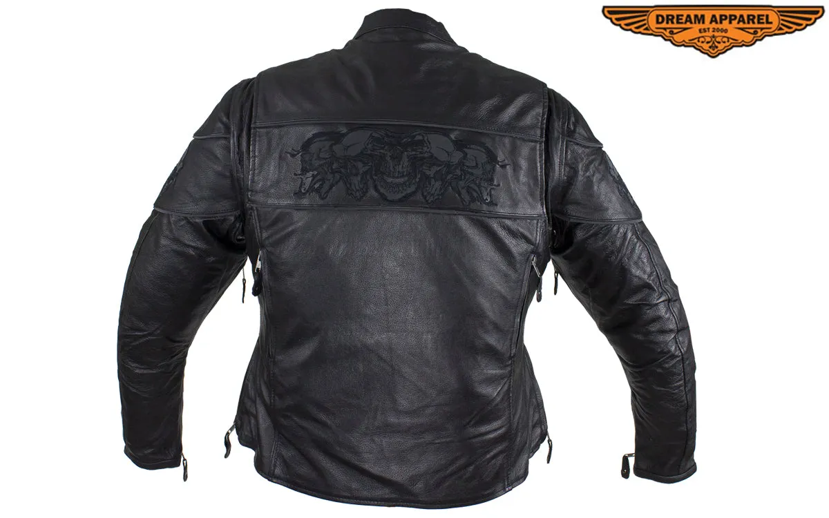 Womens Leather Motorcycle Jacket With Reflective Skulls