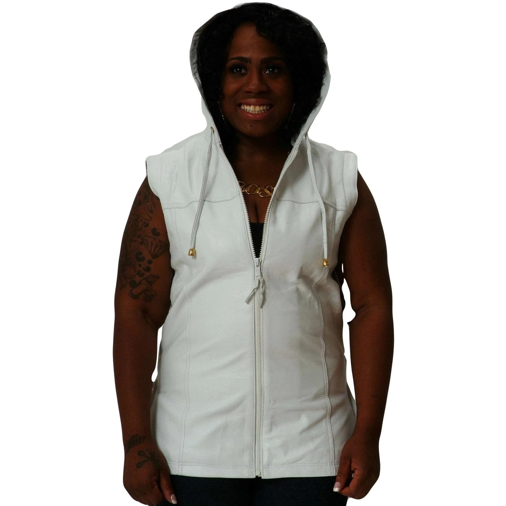 Womens Leather Shirt White Hoodie Zip up Sleeveless Tee Nappa Sheepskin S , L & 6XL