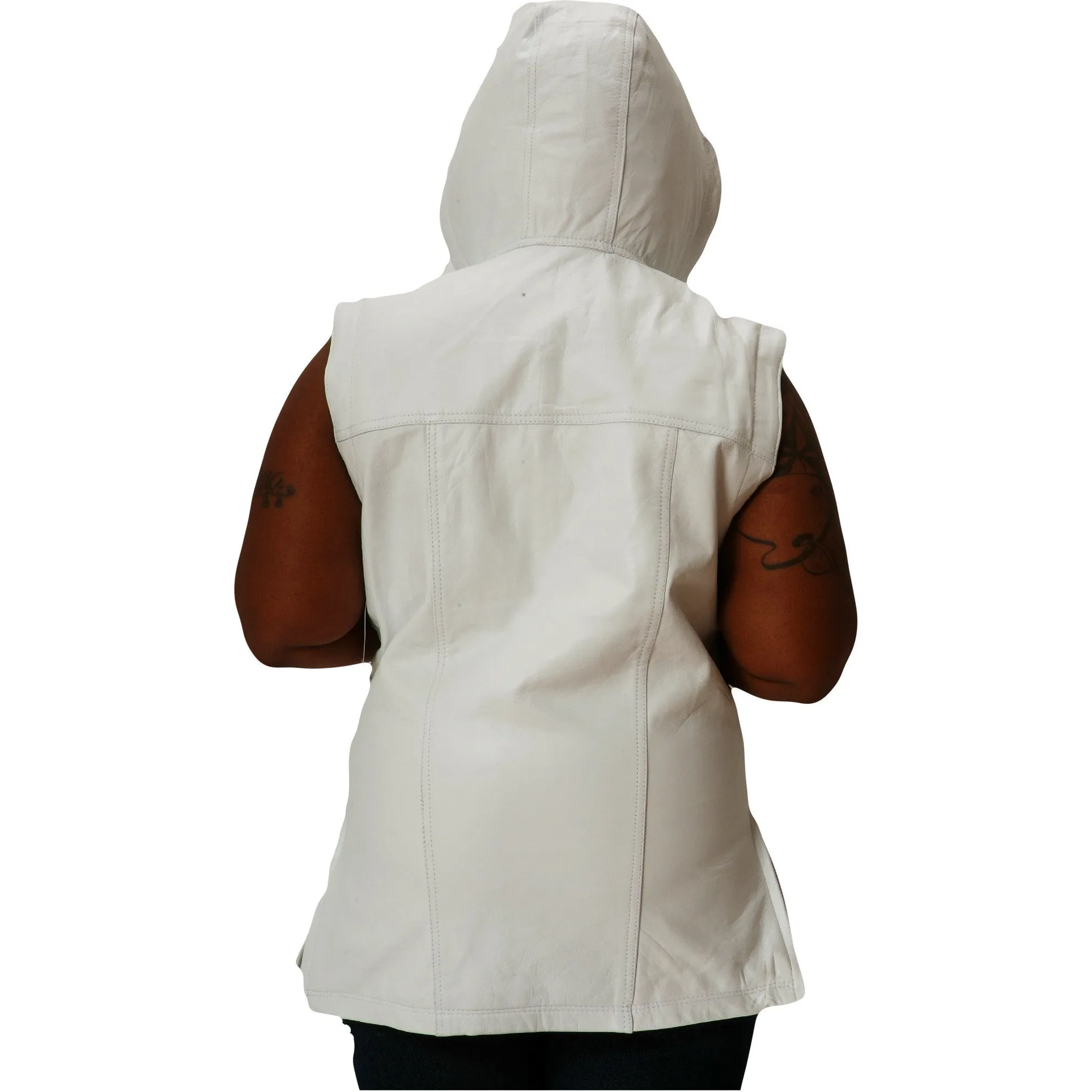 Womens Leather Shirt White Hoodie Zip up Sleeveless Tee Nappa Sheepskin S , L & 6XL