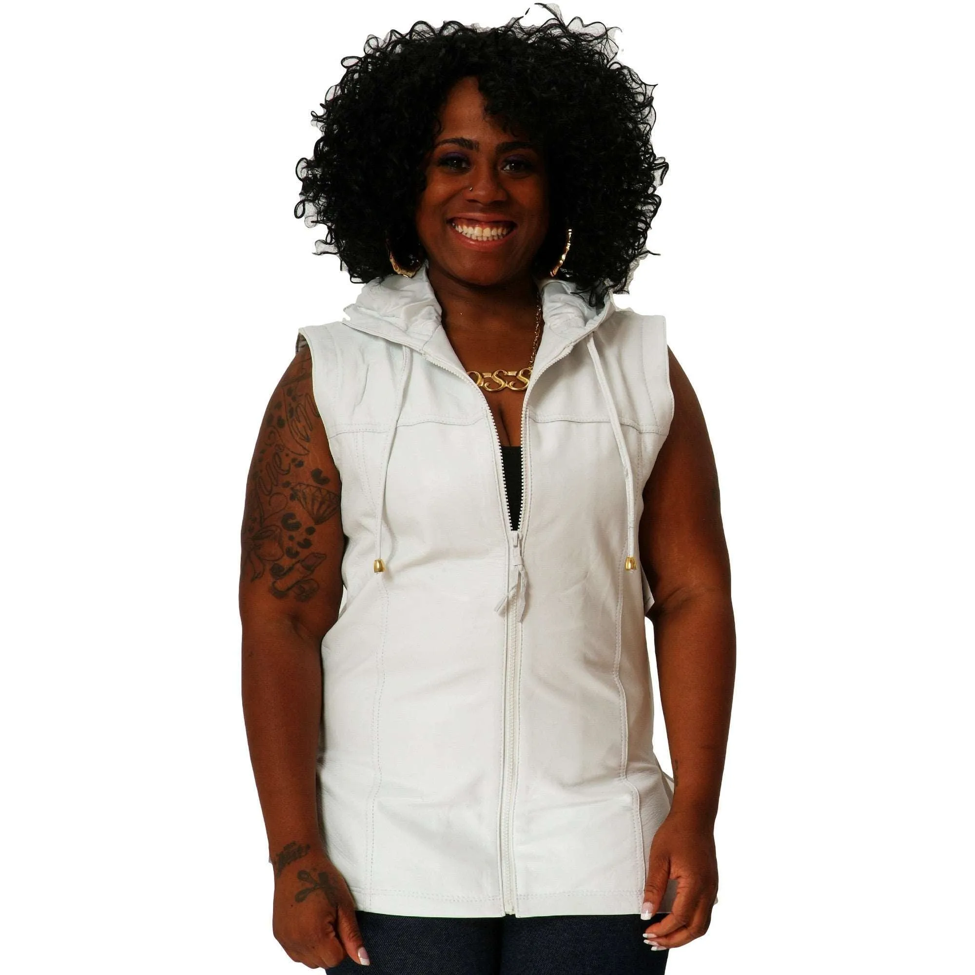 Womens Leather Shirt White Hoodie Zip up Sleeveless Tee Nappa Sheepskin S , L & 6XL