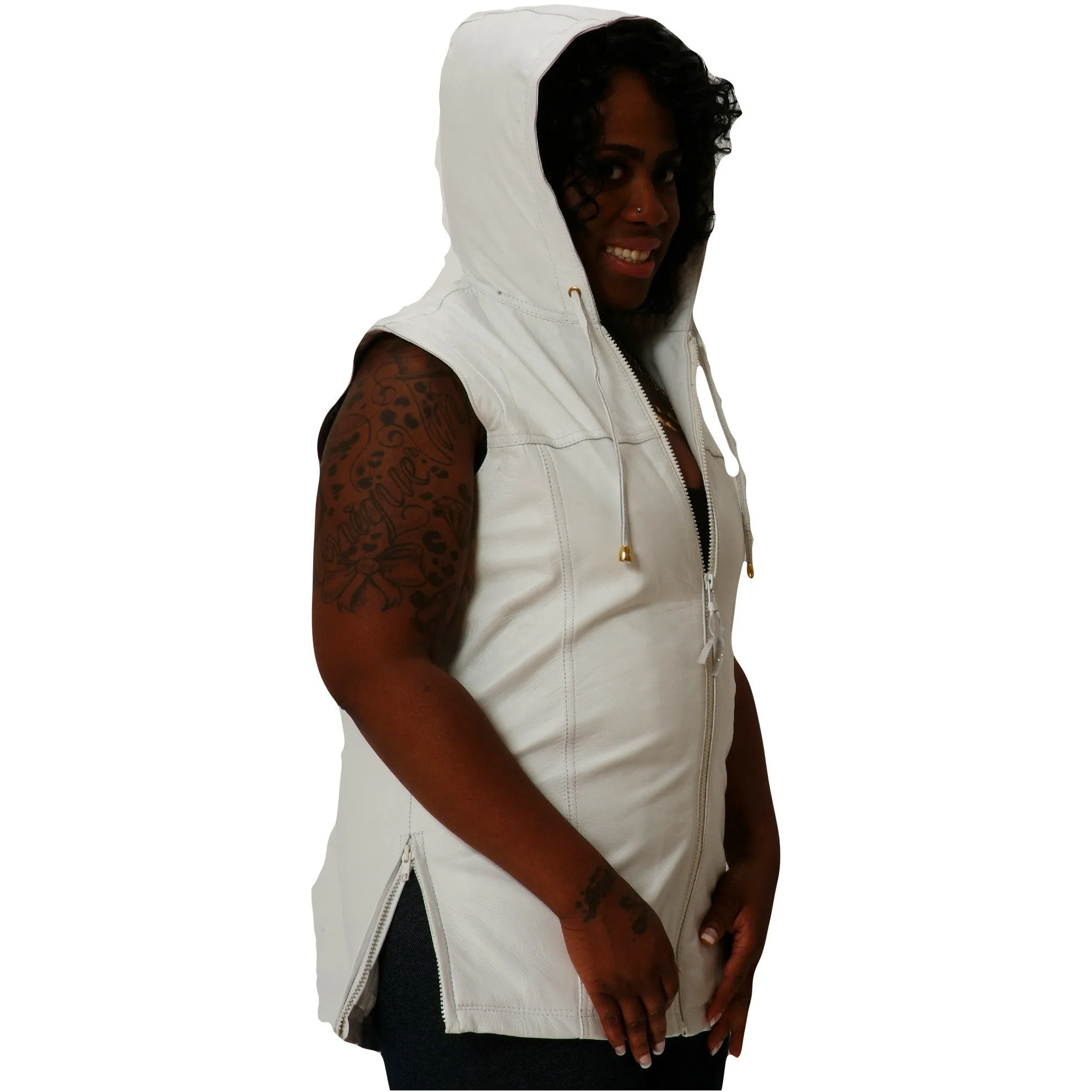 Womens Leather Shirt White Hoodie Zip up Sleeveless Tee Nappa Sheepskin S , L & 6XL