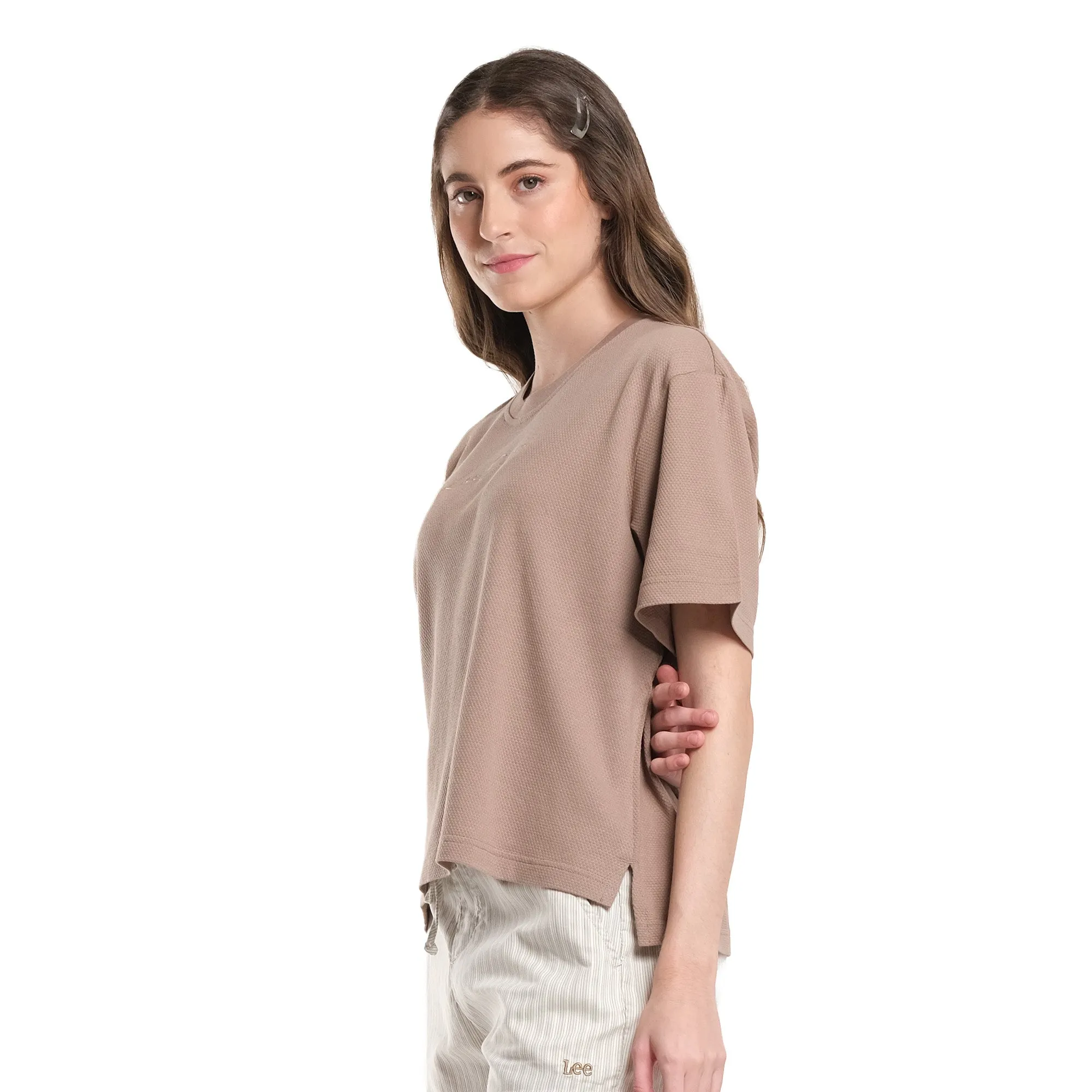 WOMENS LOOSE TOP WITH SCRIPT EMBRO