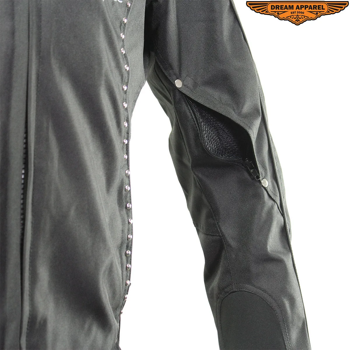 Women's Studed Motorcycle Textile Jacket With Grey Hoodie & Sull & Wings