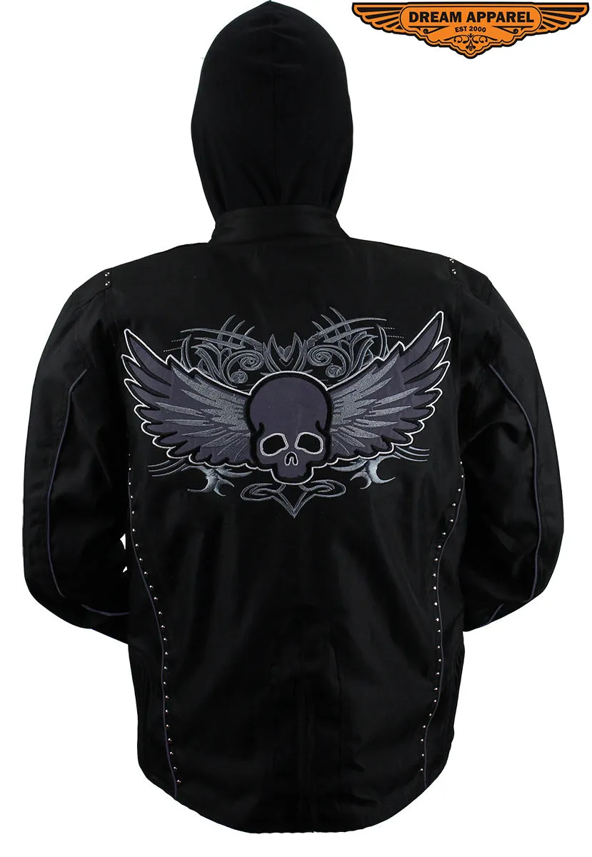 Women's Studed Motorcycle Textile Jacket With Grey Hoodie & Sull & Wings