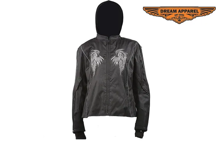 Womens Textile Motorcycle Jacket With Black Hoodie & Wings