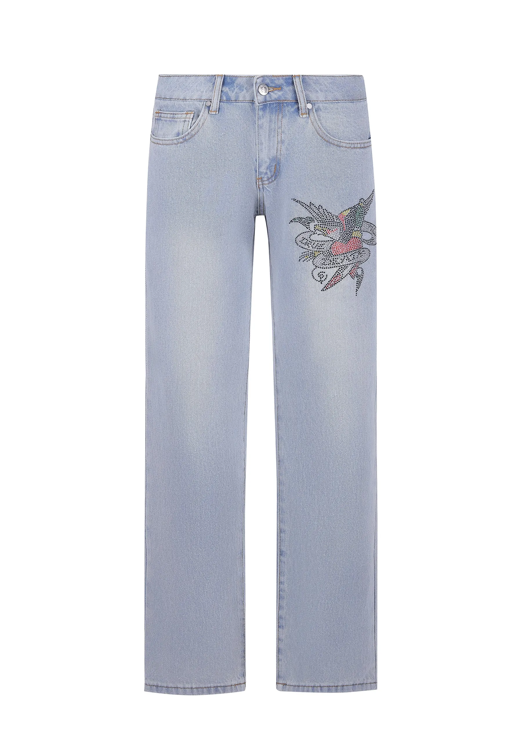 Womens True Death Diamante Straight Denim Trousers Jeans - Bleach