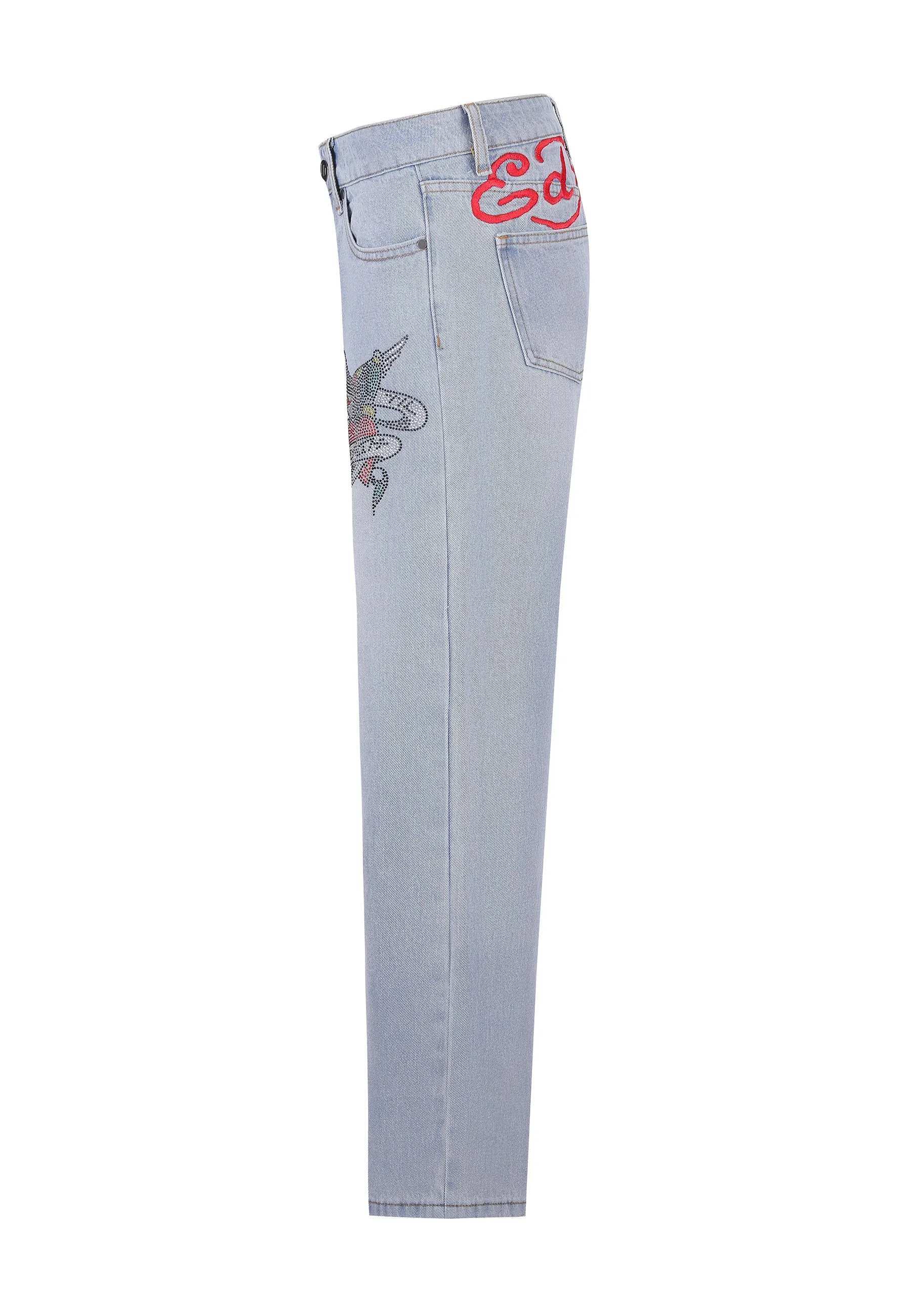 Womens True Death Diamante Straight Denim Trousers Jeans - Bleach