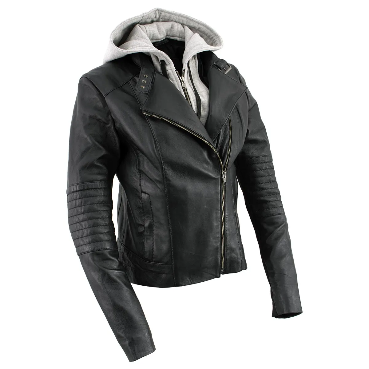 Xelement B91044 Women's ‘Quilt’ Black Leather Motorcycle Biker Racer Style Scuba Jacket with Hoodie